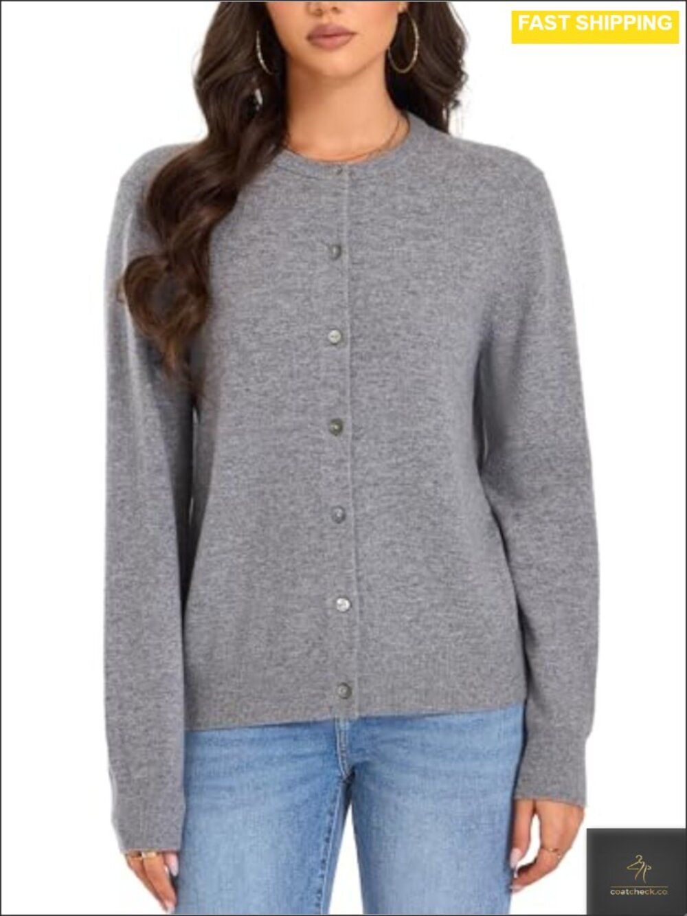 100% Merino Wool Cardigan Crew Neck Shell Button Sweater for Women